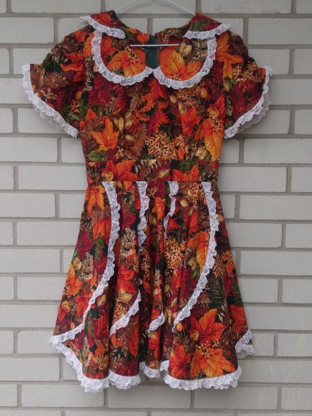 Vintage Square Dance Swing Dress Orange Autumn Leaf Print Size XS Handmade